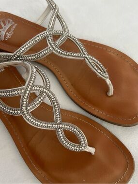 Fergalicious Silver Rhinestone T-Strap Brown Footbed Sandals